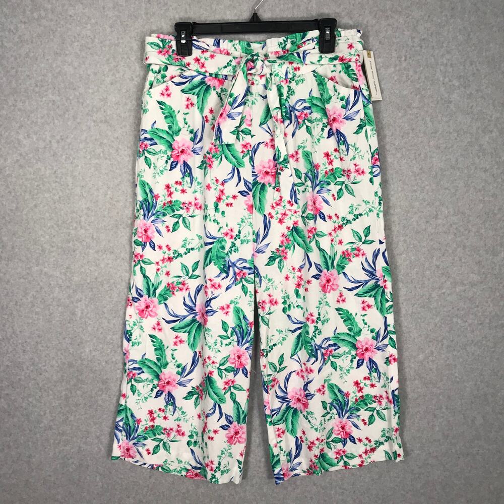 Land N Sea Linen Wide Leg Crop Pants Medium Floral Green Pink Feminine‎  Resort